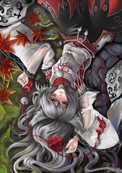 Anime picture 1000x1414 with touhou inubashiri momiji sukya (artist) single long hair tall image looking at viewer blush red eyes animal ears grey hair girl dress pom pom (clothes)