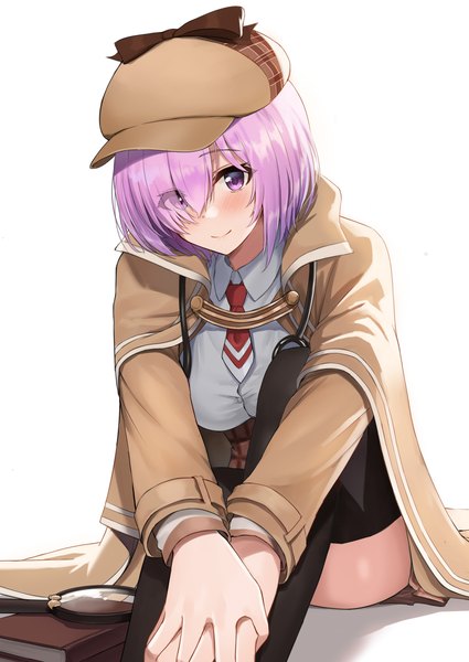 Anime picture 999x1410 with fate (series) fate/grand order virtual youtuber hololive hololive english mash kyrielight watson amelia ayul (ayulneri 92) single tall image looking at viewer blush fringe short hair breasts smile large breasts sitting purple eyes pink hair