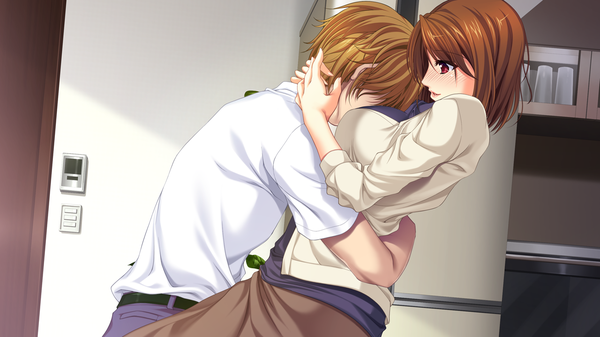 Anime picture 1280x720 with itsu made mo musuko no mama ja irarenai! ichinose natsumi hozumi kaoru blush short hair breasts light erotic red eyes brown hair wide image game cg couple hug breast press girl boy shirt white shirt