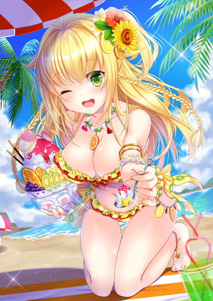 Anime picture 1157x1636 with original moe2018 koyama sao single long hair tall image looking at viewer blush fringe breasts open mouth light erotic blonde hair large breasts green eyes sky cloud (clouds) full body braid (braids) one eye closed