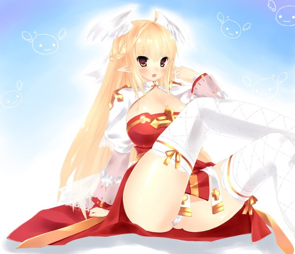 Anime picture 2901x2502 with ragnarok online high priest huatu jiang single long hair looking at viewer blush highres breasts open mouth light erotic blonde hair large breasts brown eyes pointy ears pantyshot pantyshot sitting girl thighhighs underwear