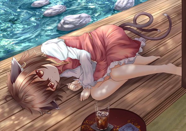 Anime picture 1574x1113 with touhou chen yukishiro arute single looking at viewer short hair brown hair brown eyes animal ears outdoors tail lying long sleeves animal tail barefoot sunlight cat ears cat girl cat tail puffy sleeves