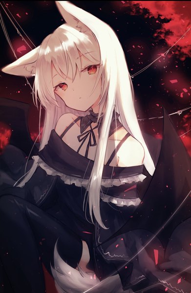 Anime picture 828x1270 with original miyu (miy u1308) single long hair tall image looking at viewer blush fringe hair between eyes red eyes sitting bare shoulders animal ears payot outdoors tail head tilt animal tail off shoulder night