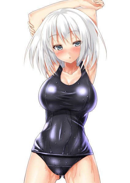 Anime picture 1414x2000 with original alexmaster single tall image blush short hair breasts light erotic simple background white background silver hair armpit (armpits) wet huge breasts girl swimsuit one-piece swimsuit school swimsuit