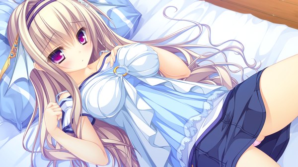 Anime picture 1920x1080 with kujiragami no tearstilla tenkawa mitsuki mikagami mamizu single long hair looking at viewer blush highres light erotic blonde hair wide image purple eyes game cg girl skirt miniskirt bed denim skirt