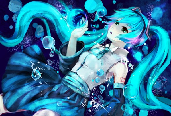 Anime picture 1181x800 with vocaloid hatsune miku sankusa single long hair open mouth twintails green eyes aqua hair girl skirt detached sleeves headphones bubble (bubbles)