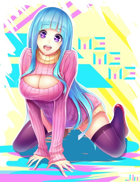Anime picture 900x1164 with me!me!me! meme (me!me!me!) jurrig single long hair tall image looking at viewer fringe breasts open mouth light erotic large breasts standing purple eyes blue hair kneeling saliva on all fours girl thighhighs