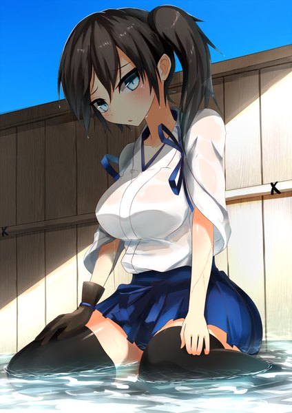 Anime picture 1060x1500 with kantai collection kaga aircraft carrier sune (mugendai) single long hair tall image blush blue eyes black hair sitting ponytail traditional clothes japanese clothes pleated skirt girl thighhighs skirt gloves black thighhighs miniskirt