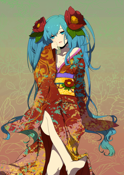 Anime picture 1000x1412 with vocaloid hatsune miku kurono yuu single tall image twintails very long hair traditional clothes japanese clothes hair flower aqua eyes aqua hair legs girl hair ornament flower (flowers) kimono obi camellia (flower)