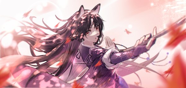 Anime picture 2888x1365 with arknights saga (arknights) yuan long single long hair highres black hair red eyes wide image animal ears looking away upper body wind shaded face fighting stance dog ears girl leaf (leaves) beads maple leaf