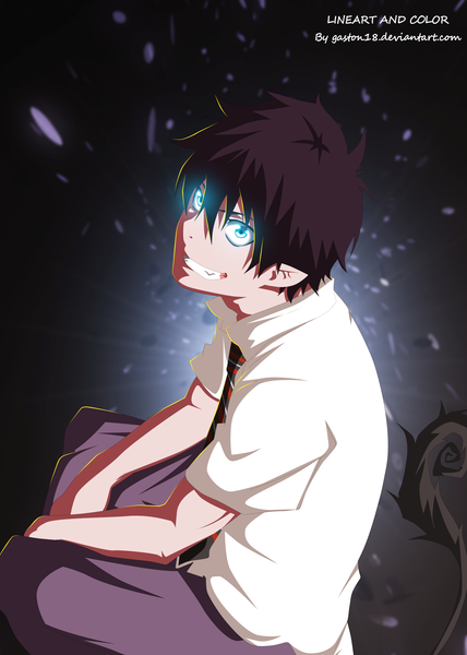 Anime picture 3564x5000 with ao no exorcist a-1 pictures okumura rin tongasart single tall image looking at viewer highres short hair blue eyes black hair smile absurdres tail pointy ears inscription teeth coloring dark background sharp teeth