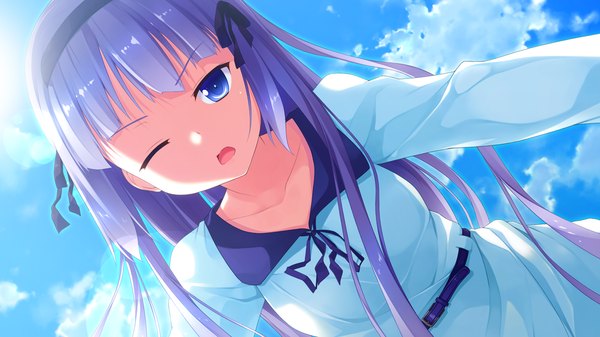 Anime picture 1280x720 with ichiban janakya dame desu ka? (game) single long hair blue eyes wide image blue hair game cg sky cloud (clouds) one eye closed wink girl dress hairband