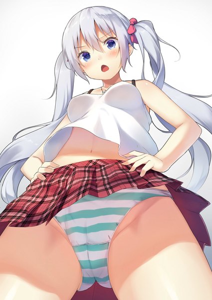 Anime picture 1416x2000 with original alexmaster single long hair tall image looking at viewer blush open mouth blue eyes light erotic white background twintails white hair girl skirt navel underwear panties miniskirt striped panties