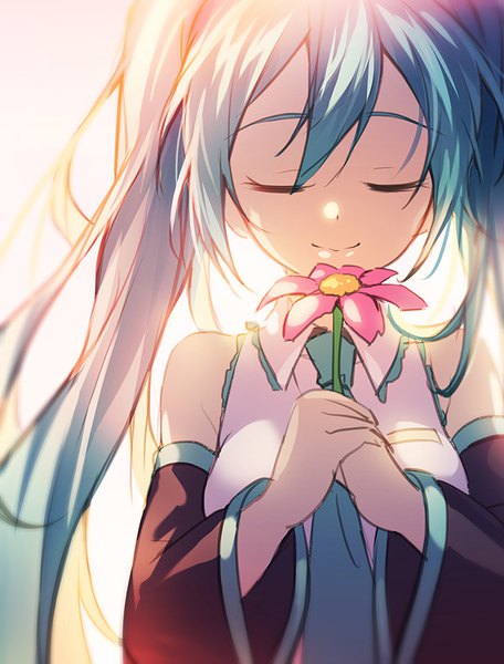 Anime-Bild 700x920 mit vocaloid hatsune miku p@nda single long hair tall image smile twintails bare shoulders upper body eyes closed aqua hair shaded face girl flower (flowers) detached sleeves
