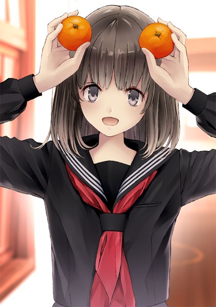 Anime picture 595x842 with original chikuwa (odennabe) single long hair tall image looking at viewer fringe open mouth brown hair holding upper body blunt bangs arm up blurry arms up grey eyes depth of field girl uniform serafuku