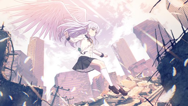 Anime picture 2133x1200 with angel beats! heaven burns red key (studio) tachibana kanade koh rd single long hair highres wide image yellow eyes looking away silver hair full body outdoors official art angel wings ruins girl skirt uniform