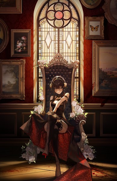 Anime picture 1165x1800 with spy x family yor briar daniel deng single long hair tall image looking at viewer blush fringe breasts black hair hair between eyes red eyes sitting holding full body indoors hair flower sparkle high heels