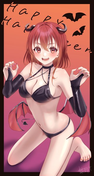 Anime picture 1191x2215 with original yoshiki 3821 single tall image looking at viewer blush fringe short hair open mouth light erotic simple background hair between eyes red eyes red hair tail :d horn (horns) kneeling gradient background text