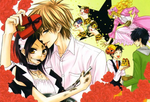 Anime picture 3406x2322 with kaichou wa maid-sama! ayuzawa misaki takumi usui hyoudou aoi long hair blush highres short hair black hair blonde hair brown hair scan maid group chibi crying otoko no ko mask on head dress flower (flowers)