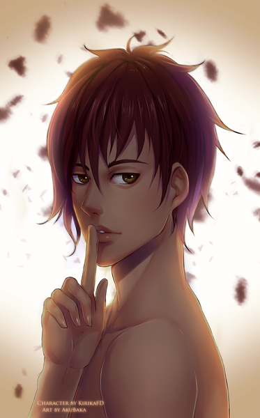 Anime picture 1556x2500 with original akubaka single tall image short hair brown hair bare shoulders brown eyes signed finger to mouth portrait boy