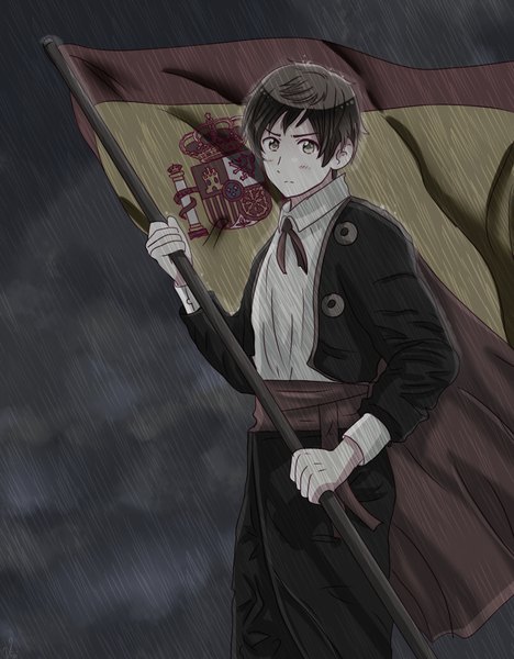 Anime picture 800x1024 with axis powers hetalia studio deen spain (hetalia) drawsurreal single tall image looking at viewer blush short hair brown hair standing holding yellow eyes sky cloud (clouds) full body traditional clothes rain boy shirt