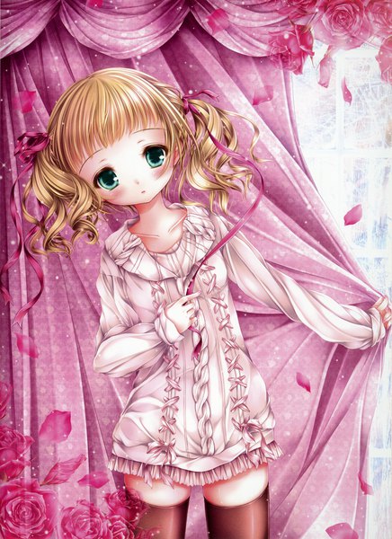 Anime picture 3250x4469 with original mubi alice single tall image looking at viewer blush highres short hair blonde hair twintails green eyes absurdres :o loli zettai ryouiki lolita fashion girl thighhighs flower (flowers) ribbon (ribbons)