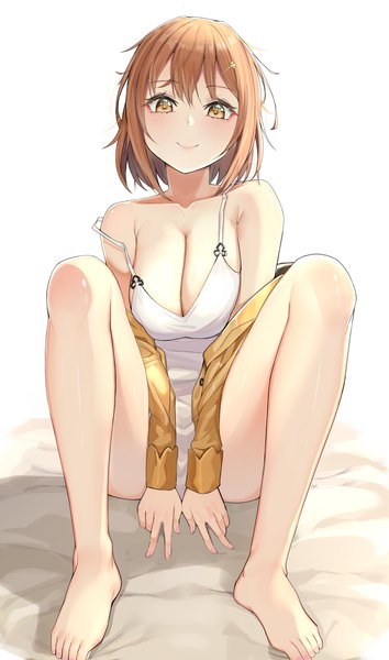 Anime picture 1397x2369 with atelier (series) atelier ryza gust (company) reisalin stout xubai single tall image looking at viewer short hair breasts light erotic smile brown hair large breasts sitting yellow eyes cleavage barefoot bare legs victory