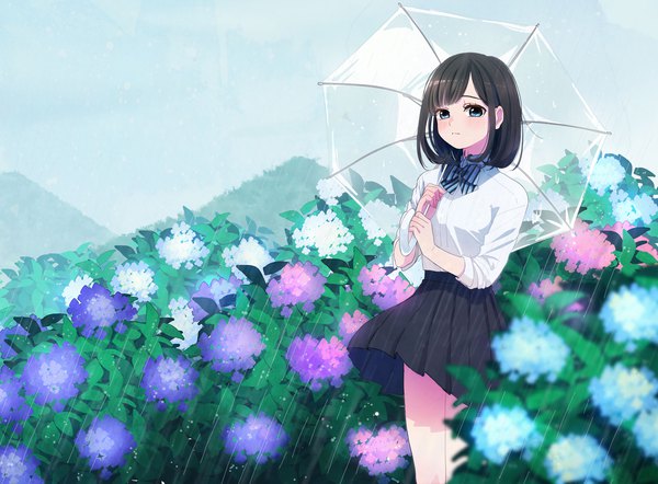 Anime picture 2035x1500 with original musco single looking at viewer blush fringe highres short hair blue eyes black hair standing holding outdoors pleated skirt rain transparent umbrella girl skirt uniform flower (flowers)