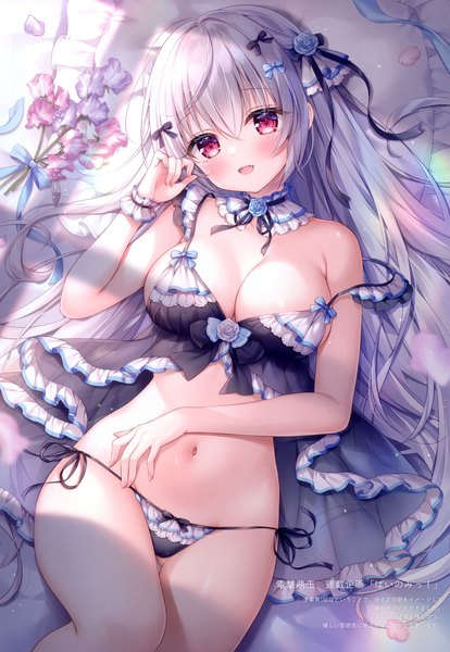 Anime picture 2405x3485 with original mitsuba choco single long hair tall image looking at viewer fringe highres breasts open mouth light erotic smile hair between eyes red eyes large breasts silver hair lying head tilt :d from above