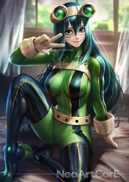 Anime picture 800x1132 with boku no hero academia studio bones asui tsuyu nudtawut thongmai single tall image looking at viewer fringe breasts blue eyes light erotic hair between eyes large breasts sitting signed bent knee (knees) indoors very long hair arm up green hair