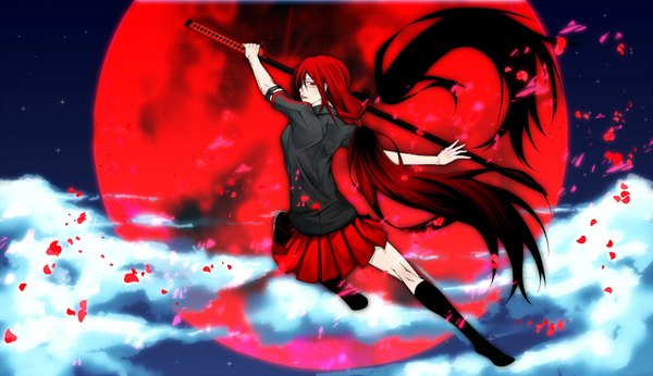 Anime picture 1800x1039 with blood c production i.g kisaragi saya single long hair highres red eyes wide image twintails cloud (clouds) red hair red moon girl skirt uniform weapon school uniform miniskirt sword glasses