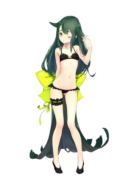 Anime picture 2550x3501 with gatchaman crowds tatsunoko utsutsu shouin single tall image looking at viewer blush highres breasts open mouth light erotic standing white background green eyes very long hair one eye closed green hair wink high heels