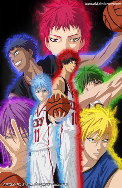 Anime picture 800x1226 with kuroko no basket production i.g kuroko tetsuya kise ryouta aomine daiki akashi seijuurou midorima shintarou murasakibara atsushi kagami taiga karka92 tall image short hair blue eyes black hair blonde hair simple background smile red eyes purple eyes brown eyes