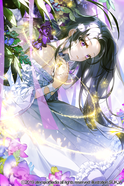 Anime-Bild 900x1350 mit tagme (copyright) sorolp single long hair tall image looking at viewer fringe black hair standing purple eyes signed parted lips official art leaning leaning forward magic standing on one leg girl dress flower (flowers)