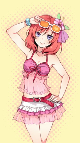 Anime picture 500x895 with love live! school idol project sunrise (studio) love live! nishikino maki kangetsu (fhalei) single tall image looking at viewer blush short hair smile purple eyes bare shoulders red hair hair flower hand on hip sunglasses on head yellow background adjusting sunglasses girl