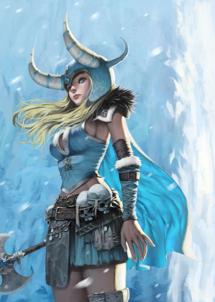 Anime picture 900x1260 with original syar single long hair tall image looking at viewer breasts blue eyes blonde hair large breasts pleated skirt horn (horns) wind snowing winter girl skirt weapon belt fur