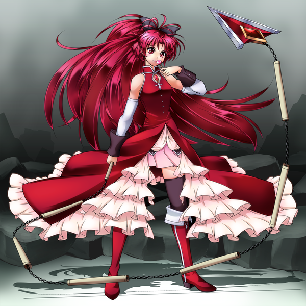 Anime picture 2657x2657 with mahou shoujo madoka magica shaft (studio) sakura kyouko raionsan long hair highres red eyes absurdres ponytail red hair girl thighhighs bow weapon black thighhighs hair bow detached sleeves food sweets thigh boots
