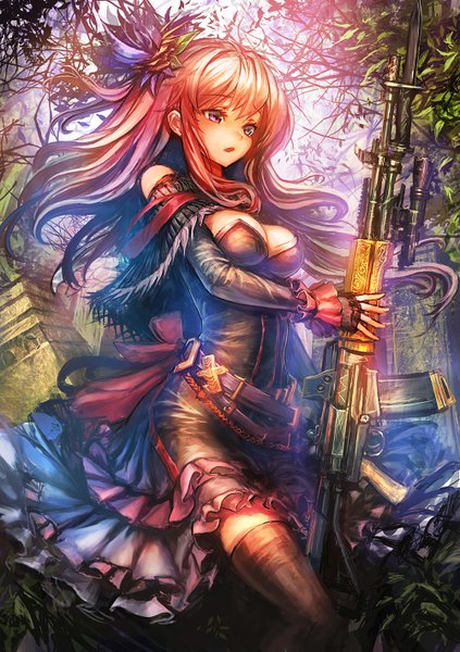Anime picture 1000x1419 with original lm7 (op-center) single long hair tall image light erotic pink hair pink eyes hair flower pantyshot girl thighhighs dress hair ornament weapon black thighhighs tree (trees) belt gun forest