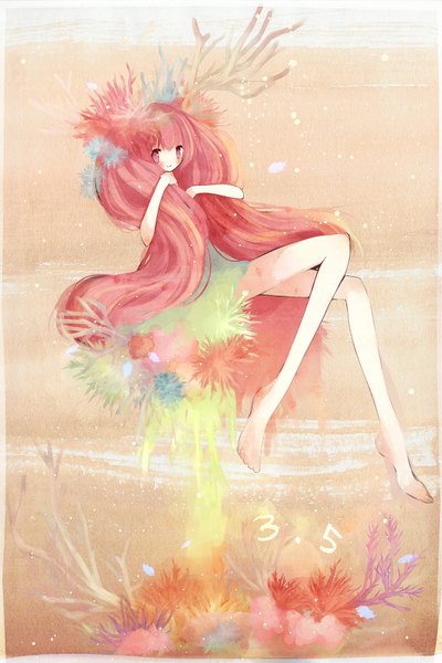 Anime picture 1200x1800 with original mikuri yoru single long hair tall image blush smile pink hair pink eyes barefoot girl