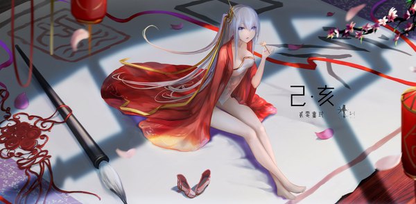 Anime picture 2204x1080 with original wangchuan de quanyan single long hair looking at viewer fringe highres breasts open mouth blue eyes light erotic hair between eyes wide image sitting holding silver hair traditional clothes barefoot bare legs shadow