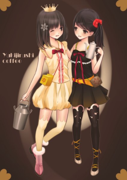 Anime picture 826x1169 with original chikuwa (odennabe) long hair tall image blush black hair multiple girls brown eyes one eye closed wink girl thighhighs dress black thighhighs 2 girls bag crown