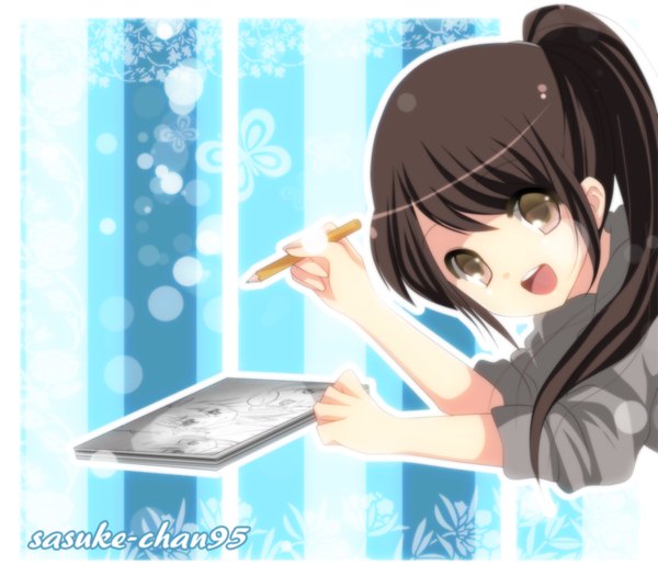 Anime picture 1000x875 with original sasuke-chan95 single long hair open mouth smile brown hair brown eyes ponytail loli girl sweater pencil