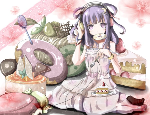 Anime picture 1500x1153 with touhou patchouli knowledge kuroneko-w-b long hair purple eyes purple hair girl hair ornament food sweets headphones bobby pin sundress cake fork