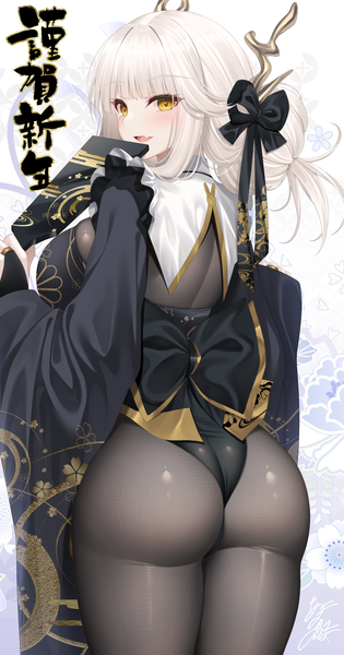 Anime picture 1256x2396 with goddess of victory: nikke blanc (nikke) yunagi amane single long hair tall image fringe open mouth light erotic standing yellow eyes ass white hair blunt bangs :d looking back from behind hair bun (hair buns) new year nengajou