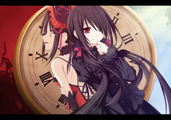 Anime picture 3507x2480 with date a live tokisaki kurumi guhua67 long hair looking at viewer fringe highres open mouth smile red eyes twintails bare shoulders yellow eyes absurdres hair over one eye heterochromia low twintails letterboxed lolita fashion dual persona