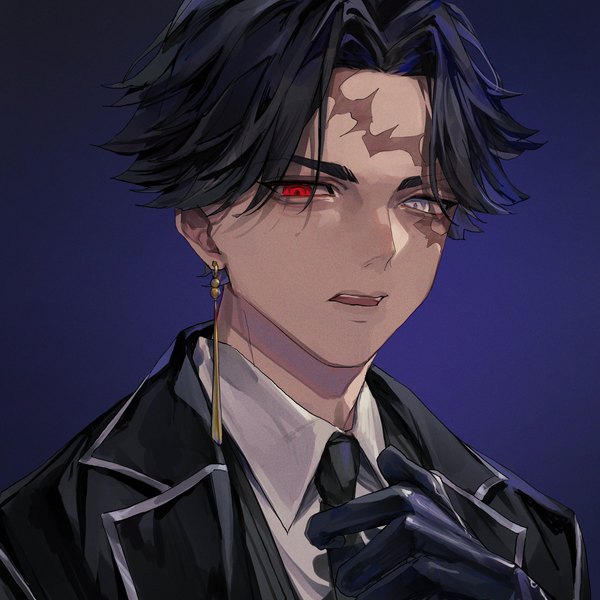 Anime picture 3000x3000 with tokyo revengers hitto kakuchou popo 6996 single looking at viewer highres short hair black hair simple background upper body heterochromia scar purple background boy gloves black gloves single earring