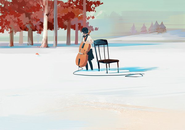 Anime picture 800x565 with original bangqiao yan single short hair black hair standing looking away sky shadow snow girl uniform plant (plants) pantyhose tree (trees) serafuku chair musical instrument cable double bass