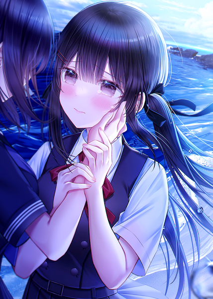 Anime picture 2976x4175 with original kuro namako long hair tall image blush fringe highres black hair standing twintails multiple girls payot looking away sky cloud (clouds) upper body outdoors wind black eyes short sleeves