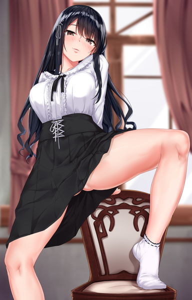 Anime picture 837x1308 with original miyamae shiho (jack dempa) jack dempa single long hair tall image looking at viewer blush fringe breasts light erotic black hair large breasts bent knee (knees) indoors parted lips head tilt lips arm support leaning