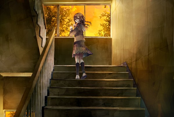 Anime picture 1244x841 with original tsukioka tsukiho single long hair brown hair standing looking back black eyes girl skirt uniform school uniform socks serafuku shoes window leaf (leaves) black socks knee socks stairs